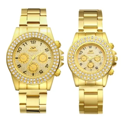 Afbeelding van JewelryWe Paar horloges roestvrij staal diamant: elegant glitter strass analoog kwarts partner vriendschap polshorloge goud armband Iced Out horloge Valentijnsdag koppels cadeau voor