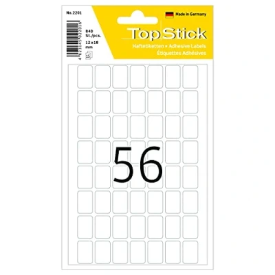 Afbeelding van TopStick 2201 huishoudelabels mini (12 x 18 mm, 15 vellen, papier, mat) zelfklevend, permanente klevende multifunctionele etiketten voor handschrift, 840 etiketten, wit