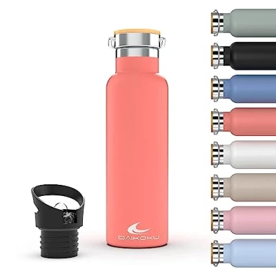 Afbeelding van DAIKOKU fles, dubbelwandige roestvrijstalen thermosfles, thermosfles die dranken urenlang warm of koud houdt, twee doppen, koraalkleur, 750 ML