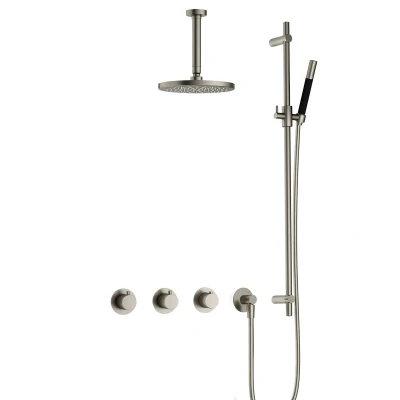 Afbeelding van Hotbath Cobber Regendoucheset IBS70 Geborsteld Nikkel Staaf handdouche 20cm Hoofddouche 15cm Plafondbuis Handouche met glijstang