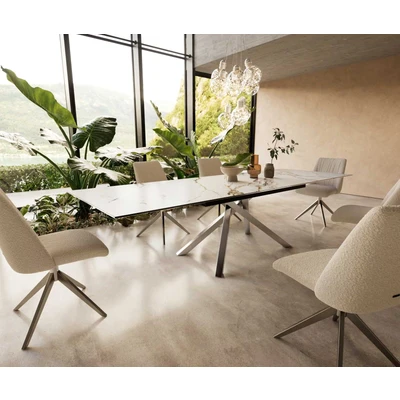 Afbeelding van DELIFE Eetkamertafel Edge 200 300x100 keramiek Calacatta Luxe wit goud grijs kruisframe rechthoek RVS uitschuifbaar