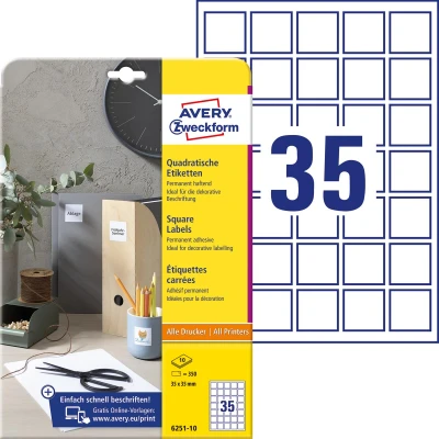 Afbeelding van Avery Zweckform Vierkante Etiketten, 35 X Mm, Wit, Permanent Klevend, 350 10 Vellen Etiket