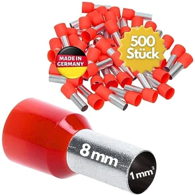 Afbeelding van 500 stuks Kalitec AE108RT adereindhulzen geïsoleerd 1,0 mm² 8 mm lang rood I Made in Germany Industriële kwaliteit