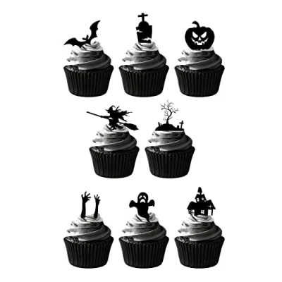 Afbeelding van 36 Stand Up Halloween Spookachtig Silhouet Thema Eetbare Wafer Papier Cake Toppers Decoraties