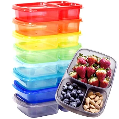 Afbeelding van Youngever 8 Stuks Bento Box, Lunchbox met 3 Vakken, Maaltijdbereidingscontainer Plastic, Herbruikbare Verdeelde Voedsel Opslag Container Dozen (Rainbow)