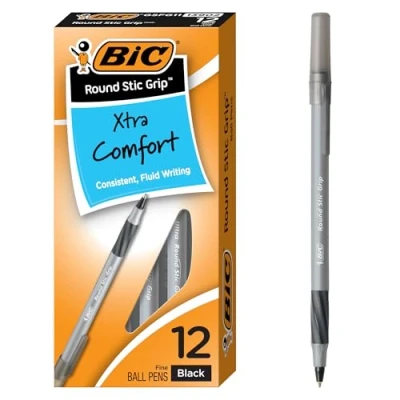 Afbeelding van BIC Round Stic Grip Xtra Comfort balpen, fijne punt (0,8 mm), zwart, 12 stuks
