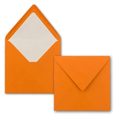Afbeelding van 50 x enveloppen vierkant, 16 cm, oranje, met witte zijdevoering, zonder venster en natte plakrand, voor uitnodigingskaarten bruiloft verjaardag