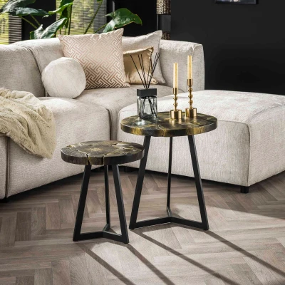 Afbeelding van Fraaai Maron ronde salontafels zwart/goud set van 2 Hout
