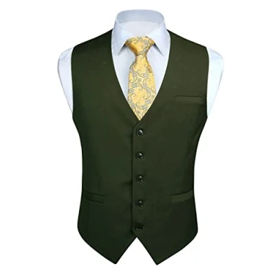 Afbeelding van Enlision Gilet voor heren, formele effen giletjes bruiloft, kleur smoking, smokingjas, zakelijk pak, vest met zakken XS 4XL, legergroen, 4XL