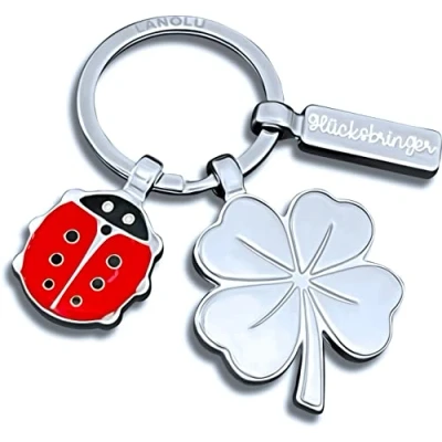 Afbeelding van LANOLU Sleutelhanger geluksbrenger met klaverblad hanger en lieveheersbeestje, autosleutelhanger geluksbrenger, operatie, veel succes testen, geluk cadeau, zilver, S