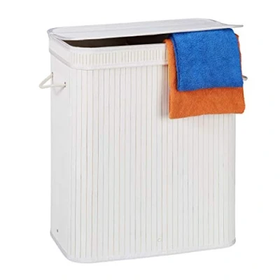 Afbeelding van relaxdays bamboe wasmand met deksel 2 vakken 70 L wit