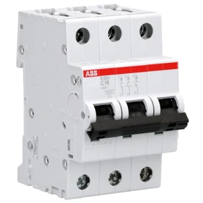 Afbeelding van Abb s203 installatieautomaat 3p c karakteristiek 16a iec en 60898 1 6 ka iec60947 2 10 3 modulen breedte 52 5mm 2cds253001r0164