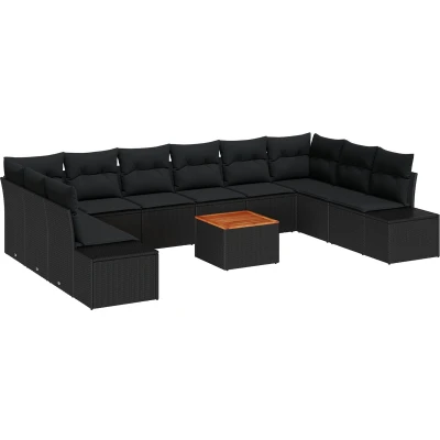 Afbeelding van vidaXL 11 delige Tuin Sofa Set met Kussens Zwart Poly Riet Acacia