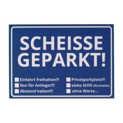 Afbeelding van Die Scheisse Geparkt! Notitieblaadje met verkeersregels voor de voorruit, set van 50 stuks.