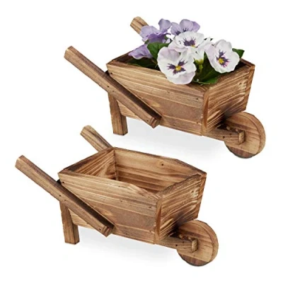 Afbeelding van Relaxdays plantenbak kruiwagen set van 2 bloembak hout bloempot tuindecoratie smal