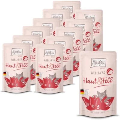 Afbeelding van MjAMjAM Premium natvoer voor katten Wellness Skin &amp; Fur Beef, 12 st. (12 x 125g), graanvrij