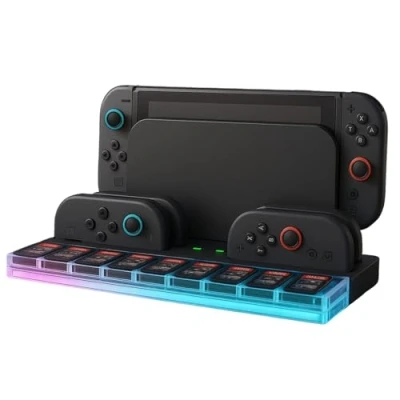 Afbeelding van Charging Dock Station voor Nintendo Switch 2 van MMOBIEL Oplaadstation 4 Joy Con Controllers met 7 RGB Verlichtingsmodi, 9 Game Card Slots, LED Laadstatus Indicatoren Compleet Laadstation