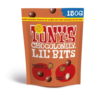 Afbeelding van Tony&#039;s Chocolonely Lil&#039; Bits Melk Karamel Zeezout &amp; Cookie Zak (8x 150gr)