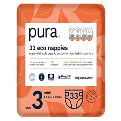 Afbeelding van Pura Premium Eco babyluiers Maat 3 (Midi 4 9 kg / 20 lbs) 1 pak van 33 luiers, EU Ecolabel gecertificeerd, gemaakt biologisch katoen, tot 12 uur lekbescherming