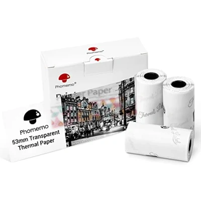 Afbeelding van Phomemo 53 mm transparant papier, compatibel met T02/M02/M02S/M02Pro/M03/M03AS/M04S/M04AS/M832/M833/M834/M835 mini zakprinters, 3 rollen zelfklevend thermo stickerpapier, x 3,5 m