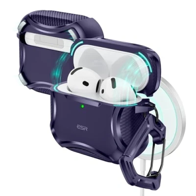 Afbeelding van ESR AirPods hoes 4e generatie (HaloLock) (2024) compatibel met MagSafe, magnetisch deksel, Cyber serie, paars