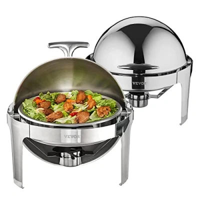 Afbeelding van VEVOR 2 Pack 6 Qt Roestvrij Chafer Ronde Catering Warmer Server Roll Top Chafing Schotel Buffet Set, staal, Zilver