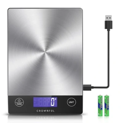 Afbeelding van CROWNFUL Oplaadbare keukenweegschaal, 15 kg digitale weegschaal, gewicht gram en ons voor bakken koken, Type C opladen, LCD display, 304 roestvrij staal