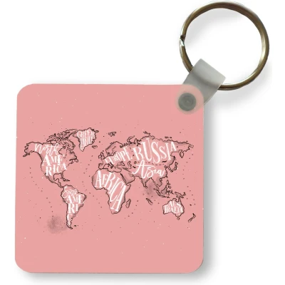 Afbeelding van Sleutelhanger Uitdeelcadeautjes Wereldkaart Roze Wit Letters Plastic