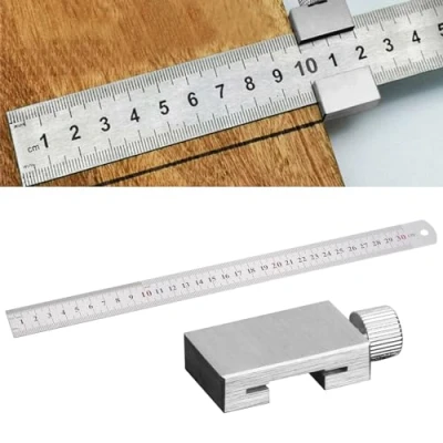 Afbeelding van Nizirioo Smeermaat roestvrij staal, aanslagliniaal: 30 cm, strijkmaat, aanslagliniaal met aanslag, metalen liniaal voor houtbewerking, doe het zelf, handwerk