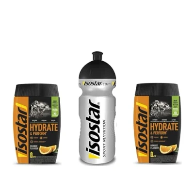 Afbeelding van Isostar Hydrate &amp; Perform Iso Drink Orange 2x400 g isotone drinkpoeder elektrolytpoeder om atletische prestaties te ondersteunen + 0,5 liter fles (2x400g, 1x500ml)