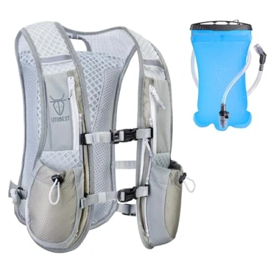 Afbeelding van UTOBEST Drinkrugzak 5 l, loopvest, heren en dames, ultralichte looprugzak voor hardlopen, marathon, joggen, fietsen (met 1,5 l drinkzak, grijs