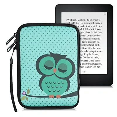Afbeelding van kwmobile Universele Cover voor eReader Neopreen hoesje Slapende Uil design turquoise / bruin mintgroen 17 x 12 2 cm