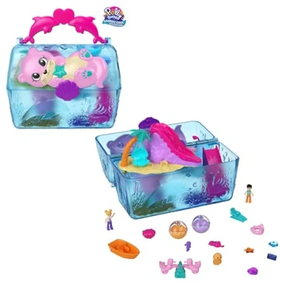 Afbeelding van Polly Pocket Avontuur in de Fonkelgrot, speelset met 2 micropoppen, eilandschatkist als draagtas, 4 diertjes en accessoires, HPV40