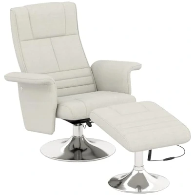 Afbeelding van HOMCOM Relaxstoel met voetenbank, draaibare massagestoel ligfunctie, 8 punts vibratiemassage, elektrische televisiestoel afstandsbediening, linnenlook, staal, crèmewit