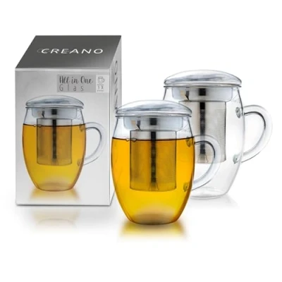 Afbeelding van Creano All in one theeglas 400 ml set van 2, grote theekop met roestvrijstalen zeef en glazen deksel, theemaker aantrekkelijke geschenkverpakking (2 x ml)