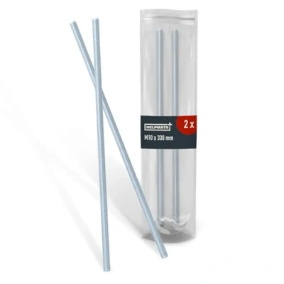 Afbeelding van HELPMATE schroefdraadstang M10 x 330 mm van verzinkt staal, 2 stuks met metrische volledige schroefdraad, schroefdraadstift sterkteklasse 4.8, DIN 976