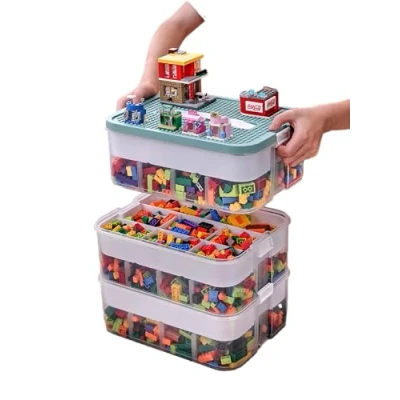 Afbeelding van Kinderopbergdoos met deksel, bouwstenen, boxen, opslag, speelgoedkist, kinderkamer, kinderbox, 3 niveaus, stapelboxen, opbergdozen, transparante organizer, box, scheidbare kunststof doos