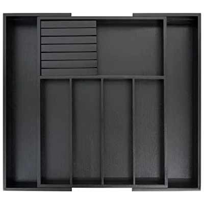 Afbeelding van VaeFae Bamboe Zilverwerk Lade Organizer Keuken, Uitbreidbaar Gebruiksvoorwerp Houder en Bestek met Divider 13&quot; 21.6&quot; Opslag Verwijderbaar Messenblok (Zwart)..