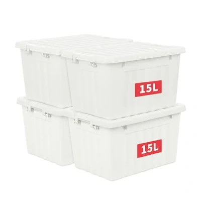 Afbeelding van Cetomo 15L x 4 plastic opbergdoos, wit, draagtas, organiserende container met duurzaam deksel en veilige sluitgespen, stapelbaar nestbaar, stuks, gesp