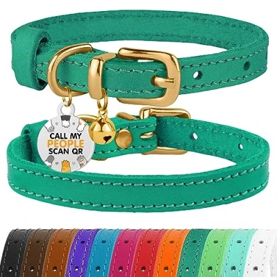 Afbeelding van BRONZEDOG Lederen kattenhalsband met gesp verstelbare kleine huisdierhalsbanden voor kitten zwart bruin roze paars rood turkoois (nekmaat 9&quot; 11&quot;, groen)