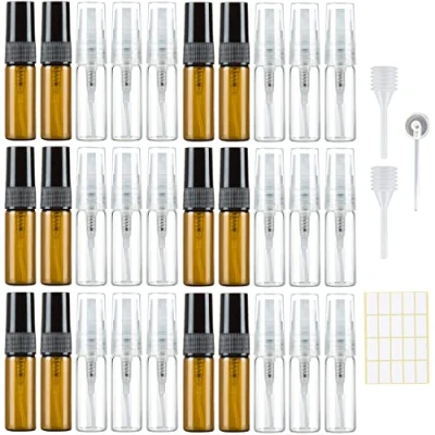 Afbeelding van 30 stuks 3 ml parfumverstuiver, lege spuitfles, glas, klein om te vullen, mini pompzakken, parfumflacon, navulbaar, parfummonsters voor reizen, transparante barnsteen met pipetten, perskop