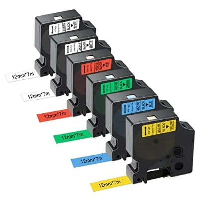 Afbeelding van Gigmeta Set van 6 compatibele Dymo D1 band 12 mm x 7 m voor Labelmanager PNP/160/210D/280/350/420P/450D/500TS, 45013 45016 45017 45018 45019 , Zwart op wit/blauw/rood/geel/groen