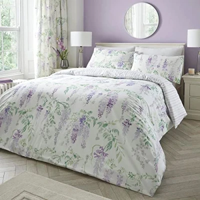 Afbeelding van Dreams &amp; Drapes dekbedovertrek met paarse bloemen en blauweregen Eenpersoons beddengoed (140 x 200 cm) omkeerbaar ontwerp (paarse streep) onderhoudsvriendelijk wasbaar