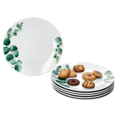 Afbeelding van MamboCat Eucalyptus Set van 6 taartborden, Ø 20,5 cm, witte porseleinen dessertborden voor personen, met groene plantendecoratie, kleine borden ontbijt, lunch, koffie en avondeten