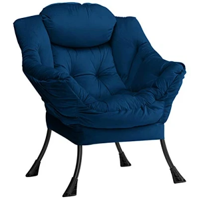 Afbeelding van HollyHOME Luie stoel lounge met armleuningen en zijvak relax fauteuil moderne fluwelen stof stalen frame, Donkerblauw