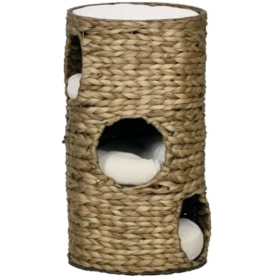 Afbeelding van PawHut Krabton 73 cm hoog kattenton met 3 holtes, kussens, krabpaal kattenbed, kattentoren van waterhyacint, donkerbruin