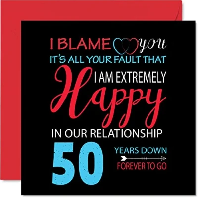 Afbeelding van Grappige gouden verjaardagskaart voor echtgenoot vrouw Your Fault I&#039;m Extremely Happy 50th Wedding Anniversary Card Partner, 145mm x wenskaarten vijftigste jubilea