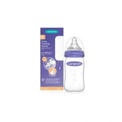 Afbeelding van Lansinoh Glass Baby Bottle with NaturalWave Teat (160 ml), Anti colic, Premium heat &amp; thermal shock resistant glass, Slow Flow soft flexible silicone teat, teats are BPA BPS free, purple