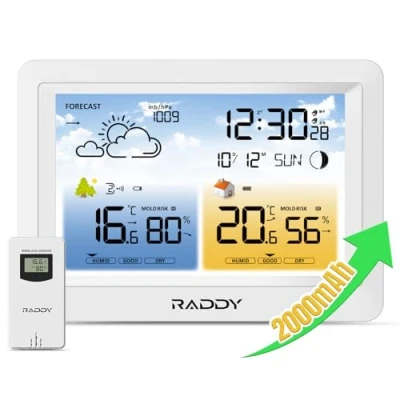 Afbeelding van Raddy WM6 draadloos weerstation met externe sensor, ingebouwde batterij van 2000mAh, barometer, DCF klok, weersvoorspelling, waarschuwing voor schimmelrisico, kleurendisplay binnen en buiten