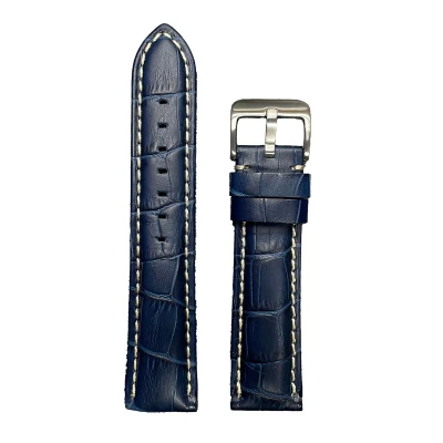 Afbeelding van Horlogeband 22mm Donker Blauw Echt leer in croco print Roestvrijstalen gesp